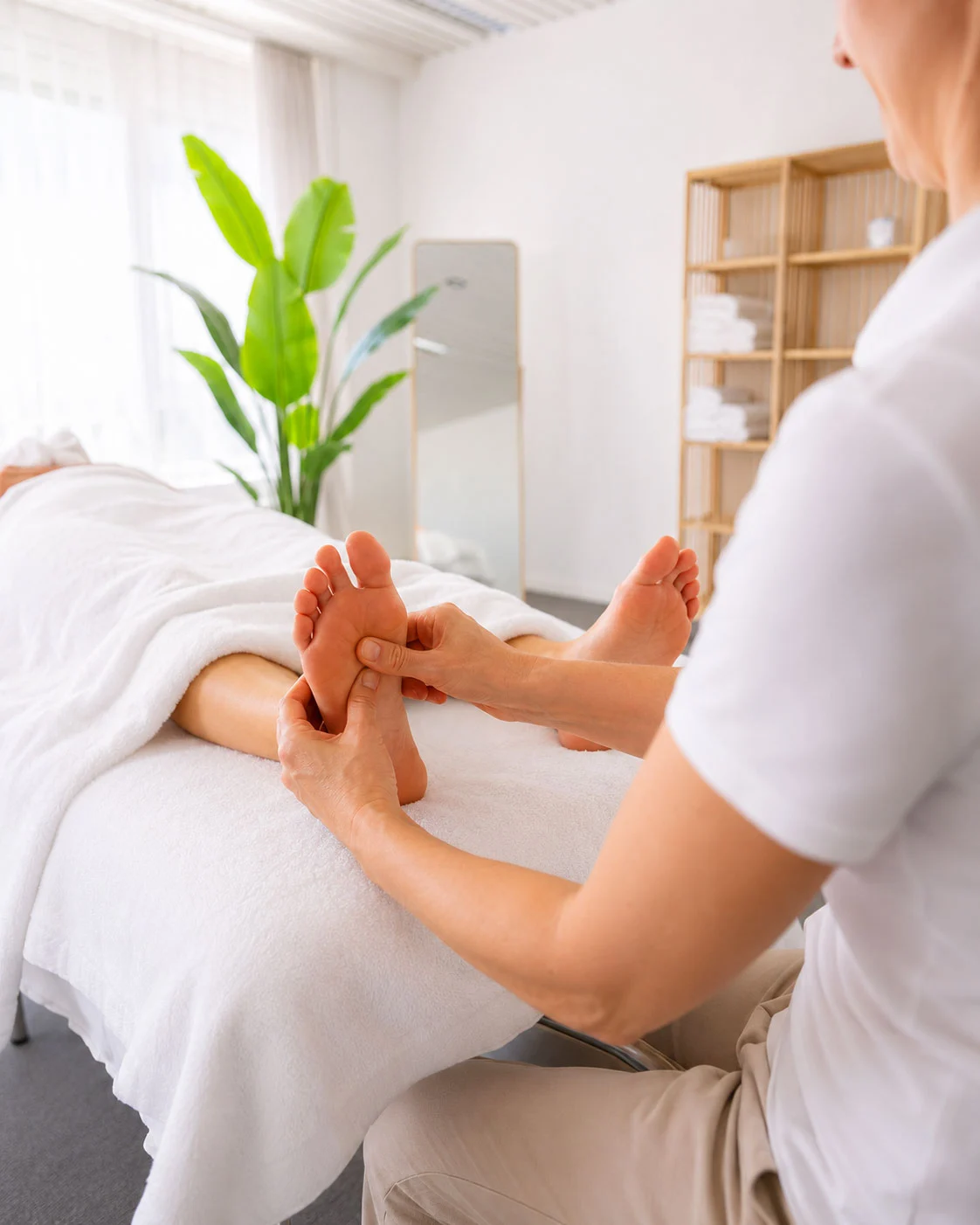 Ruhige Fussreflexzonenmassage an Fusssohle und Knöchel in der Praxis Eschen bei Vaduz